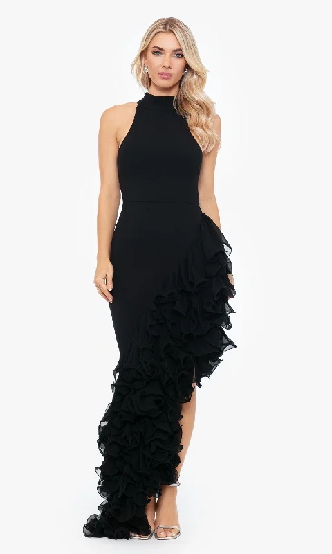 Betsy and Adam Long Black Ruffled Prom Dress A26173