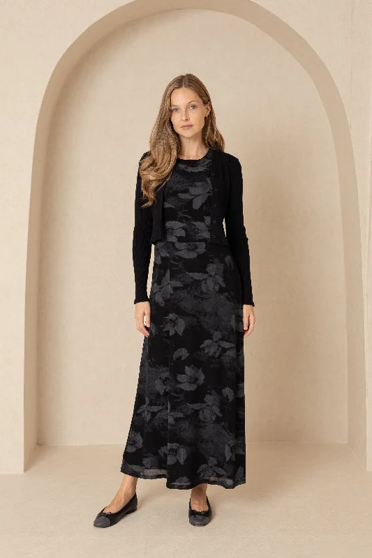 Black Floral Mesh Jumper Front Pockets Side Pockets Patch Pockets