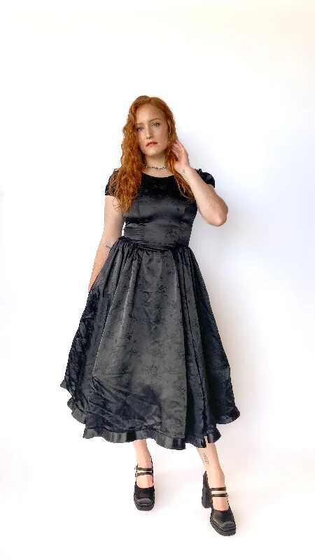 1980s Black Satin Princess Seam Dress sz. S/M