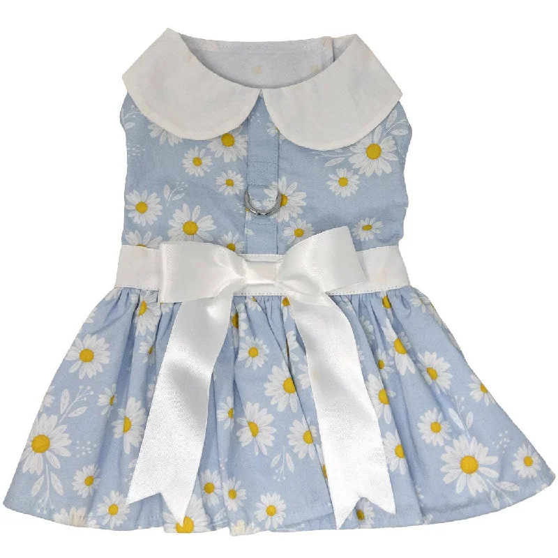 Dog Dress Harness: Blue Daisy Dog Dress With Matching Leash