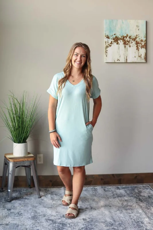 Sage Rolled Sleeve V-Neck Dress