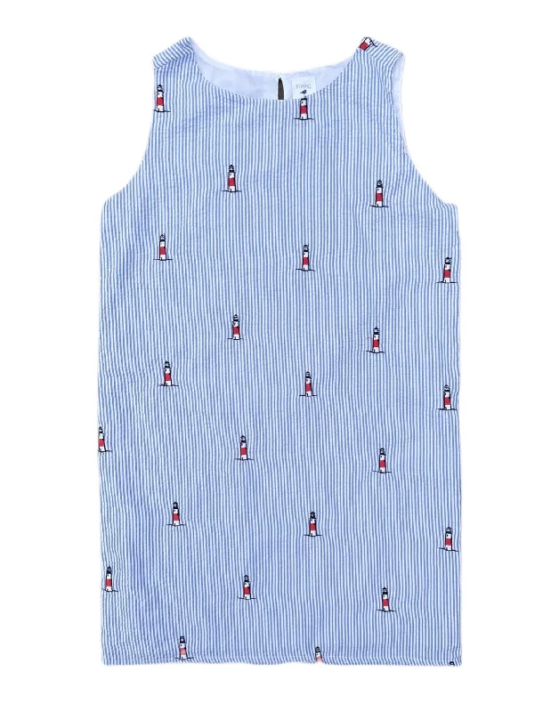 Blue Seersucker Women's Dress with Embroidered Lighthouses