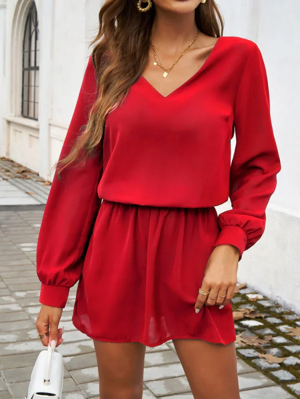 Blue Zone Planet | Long-sleeved solid color puff sleeve dress