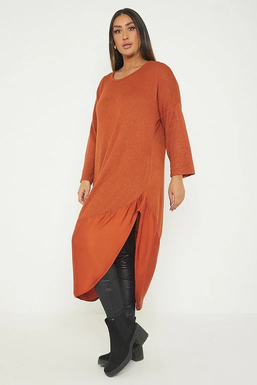 One Size Round Neck Knitted Jumper Dress With Satin Hem
