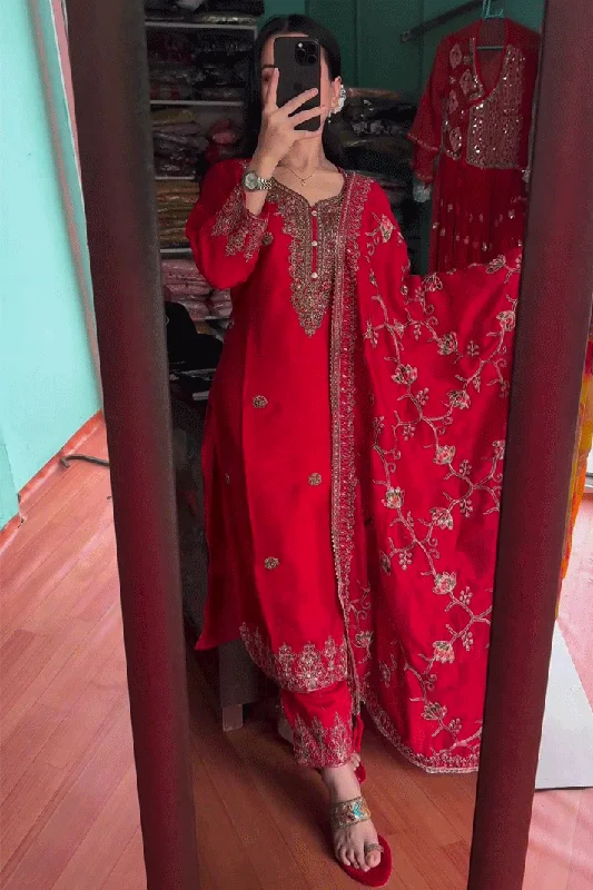 Chinon Silk Red Sharara Dress For Karwa Chauth