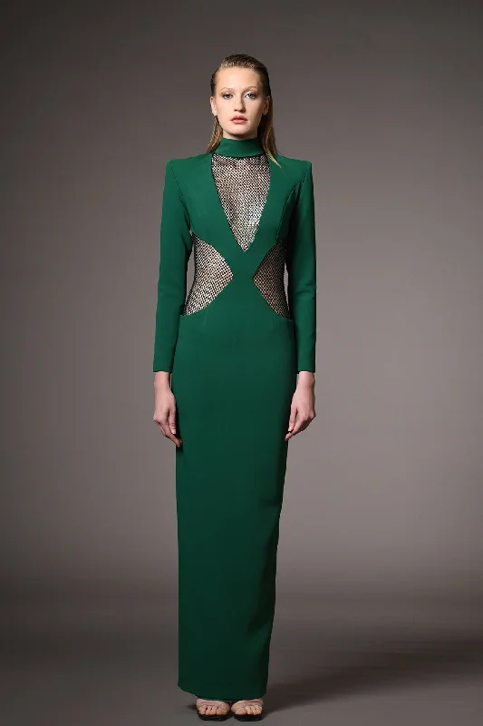 Crepe dress with net embroidery