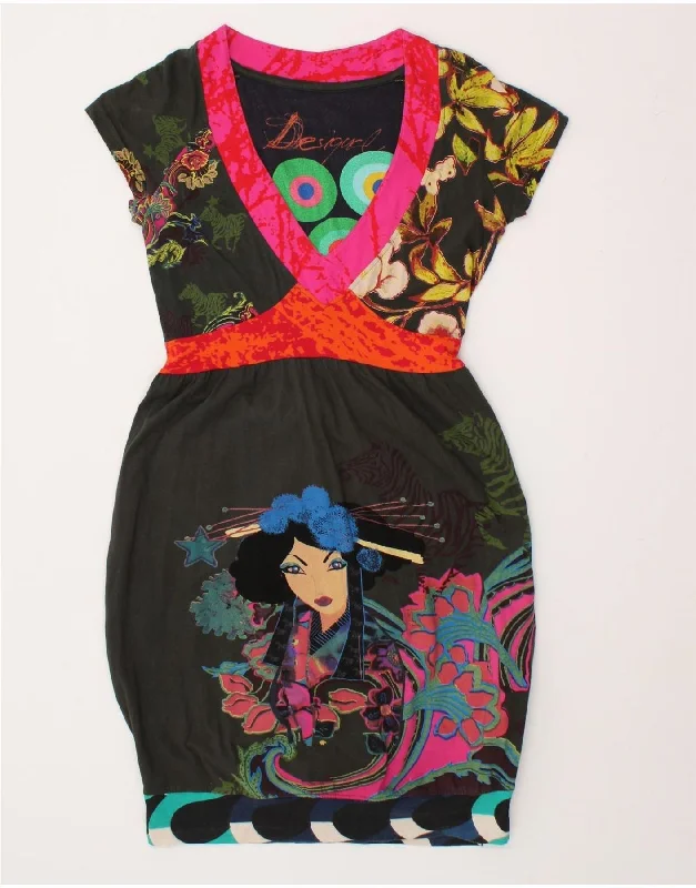 DESIGUAL Womens Abstract Pattern Bubble Dress UK 12 Medium Black Cotton