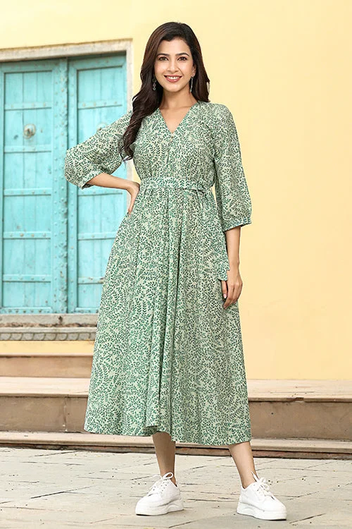 Dharan "Khushi Dress" Green Block Printed Dress