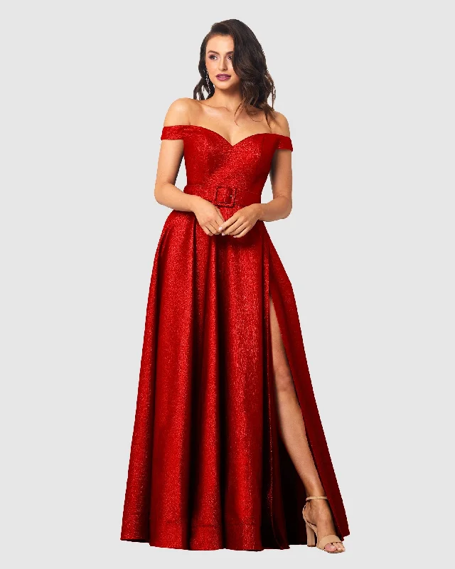 Clover Strapless Metallic Formal Dress – PO877 Red