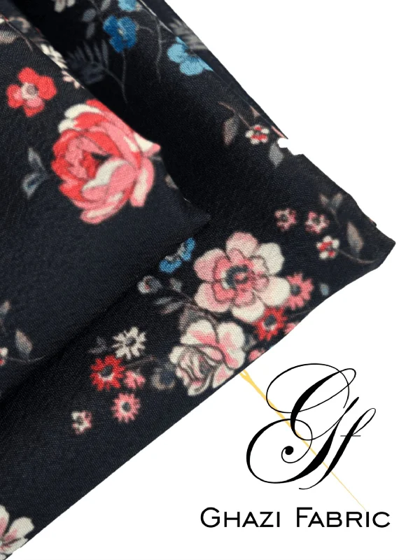 Ghazi fabric Unstitched Digital Print Grip collection Premium quality  Dress 2 piece for women black color(Uk-series/7156-2))