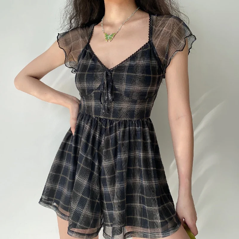 Cinessd - Gloria Plaid Mesh Romper Dress ~ HANDMADE