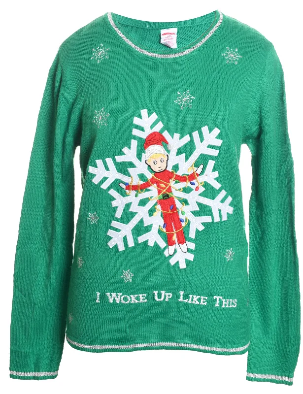 Green Christmas Jumper - L Fitted Slim Tailored