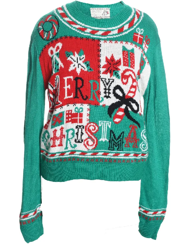 Green Christmas Jumper - L Soft Cozy Warm