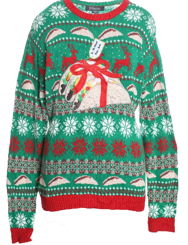 Green Christmas Jumper - M Solid Color Striped Floral Print