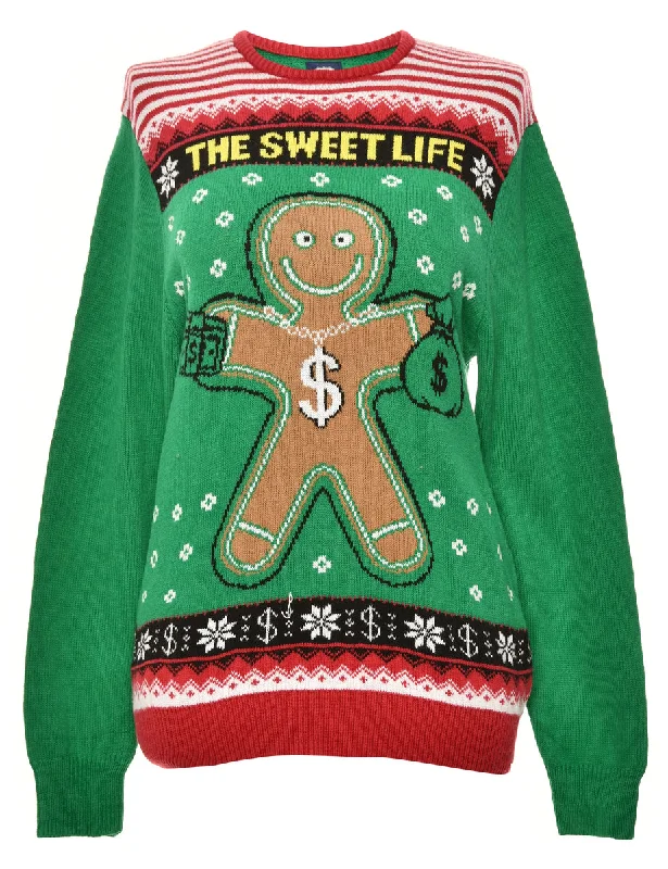 Green Gingerbread Christmas Jumper - M Lace Blend Ribbed Blend Corduroy Blend