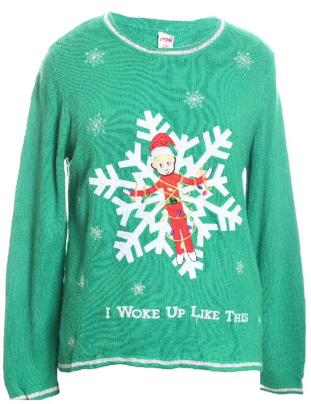 Green Knit Christmas Jumper - L Turtle Neck Boat Neck Asymmetrical Neck