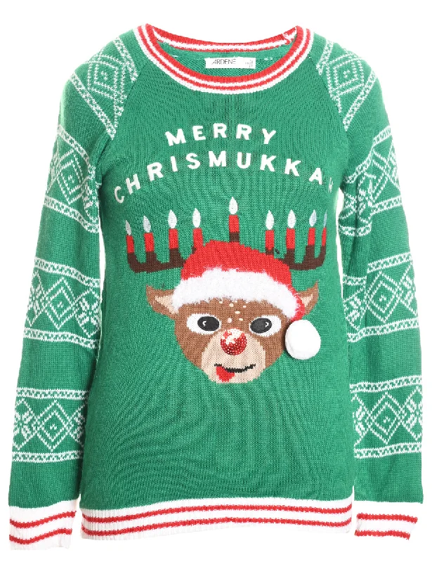 Green Nordic Reindeer Christmas Jumper - M Hooded Sweater Collared Sweater Shawl Collar