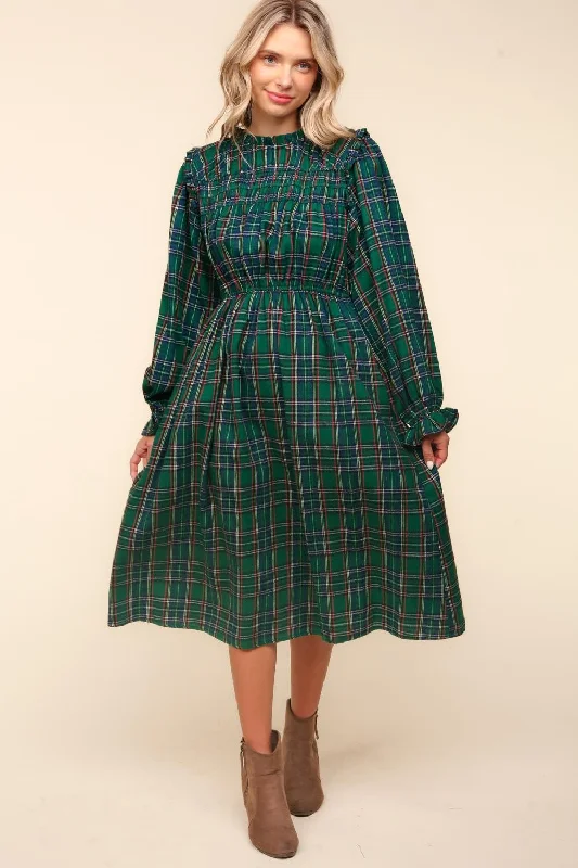 GREEN PLAID CHECK WOVEN DRESS WITH SIDE POCKETS