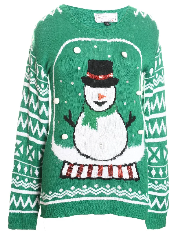 Green & White Snowman Design Knit Jumper - L Elasticated Padded Insulated