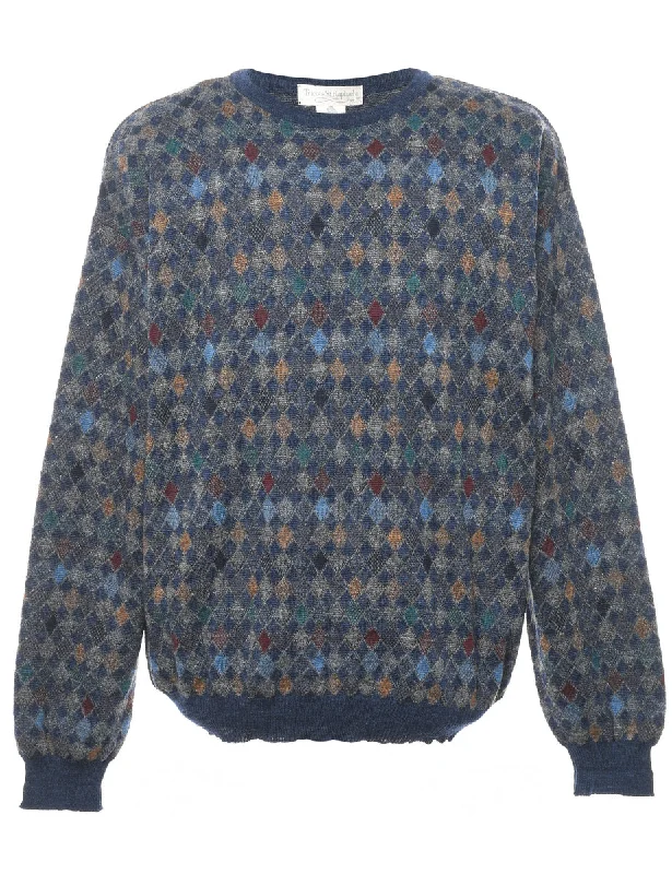 Harlequin Pattern Wool Jumper - XL High Neck Crew Neck V-Neck