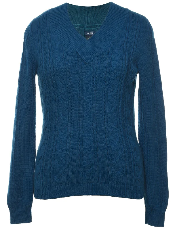 Izod Cable Knit Blue Jumper - M Plaid Sweater Polka Dot Checkered