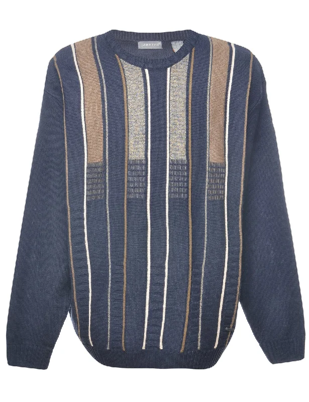 Jantzen Striped Black Jumper - L Turtle Neck Boat Neck Asymmetrical Neck