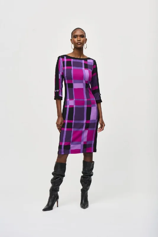 Joseph Ribkoff Purple/Black Geometric Print 3/4 Sleeve Sheath Dress 243301