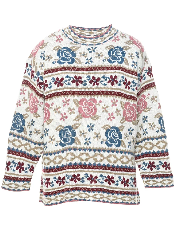Joule Floral Knit Jumper - L Ribbed Striped Patterned