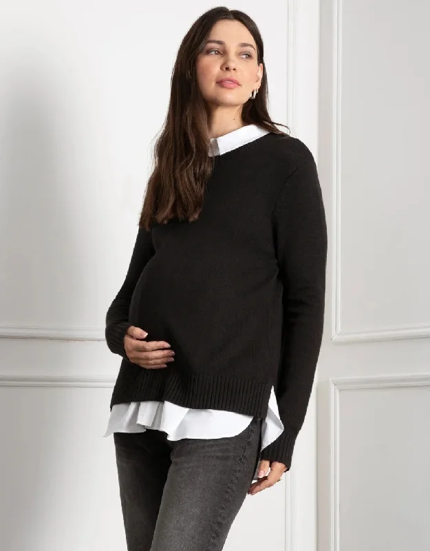 Knit Maternity & Nursing Jumper with Woven Shirt - Black Jersey Fabric Tulle Fabric Batik Fabric