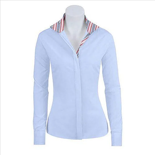 L413C RJ Classics Ladies Prix Hunter/Jumper Long Sleeve Show Shirt Blue w/Stripe Trim Velvet Chenille Corduroy