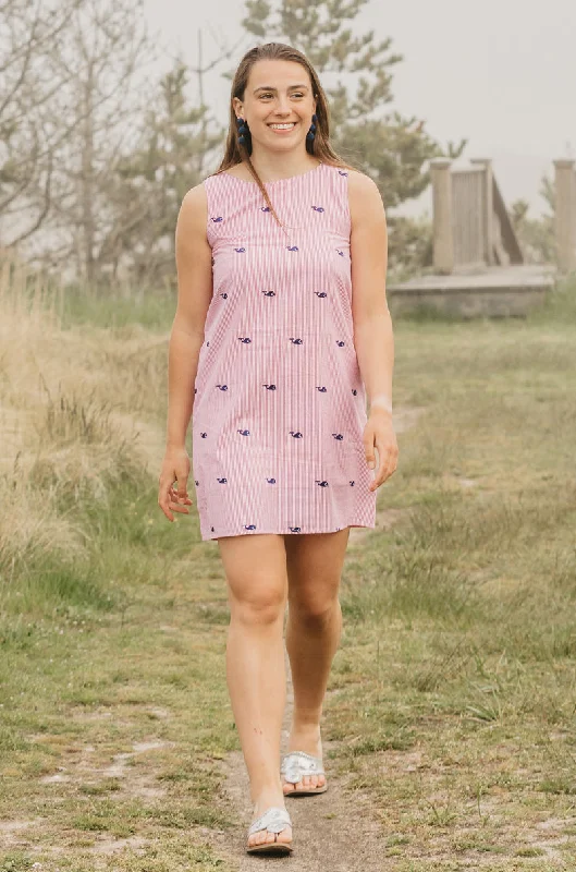 Red Seersucker Women's Dress with Navy Embroidered Whales
