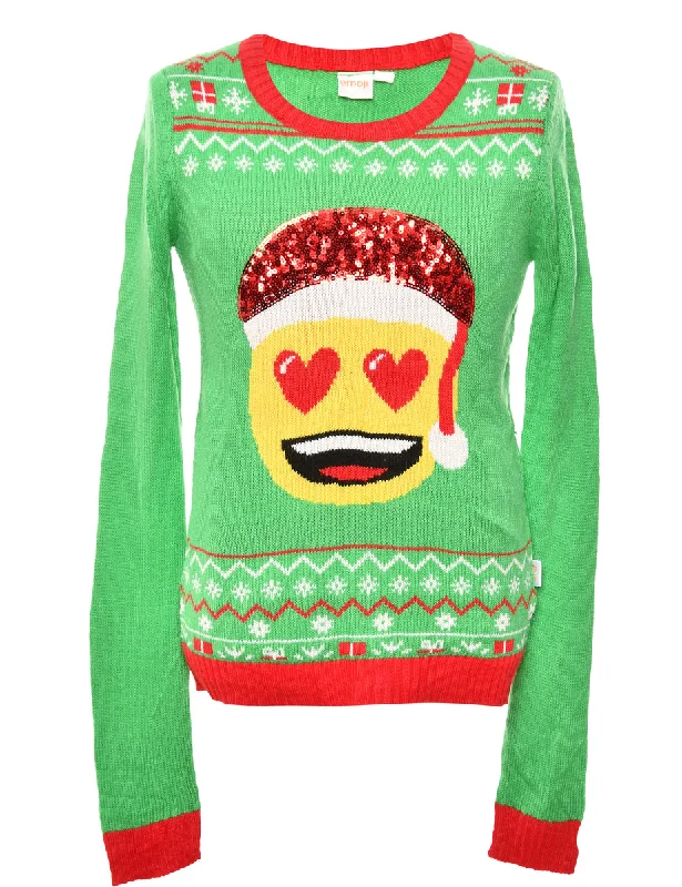 Light Green Christmas Jumper - S Front Pockets Side Pockets Patch Pockets