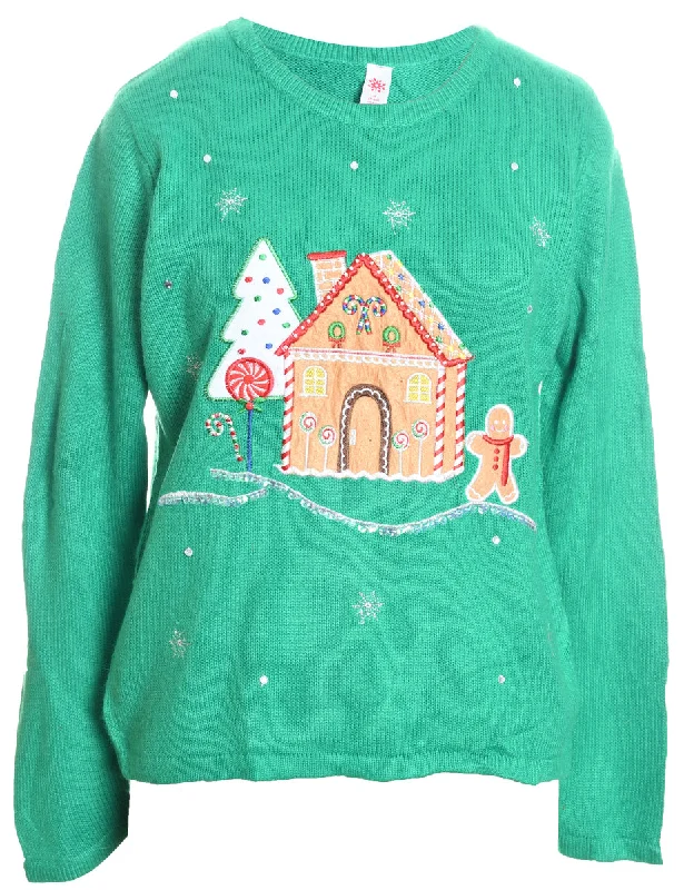 Light Green Knit Gingerbread Design Christmas Jumper - M Long Sweater Short Sweater Cropped Sweater