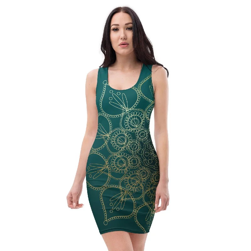 Golden Mandala Fitted Dress in Green and Gold, lioness-love