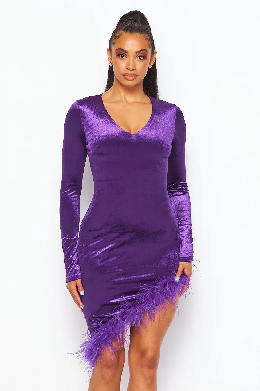 Margot Velvet Dress With Asymmetrical Feather Hem