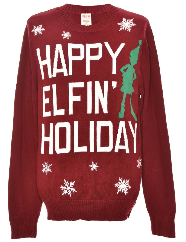 Maroon Christmas Jumper - L Striped Floral Plaid