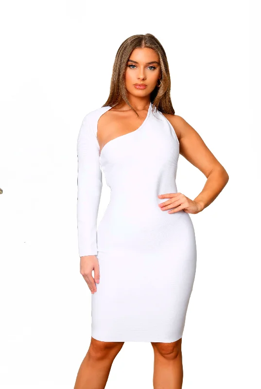 "Micaela" One Sleeve Bandage Dress- White