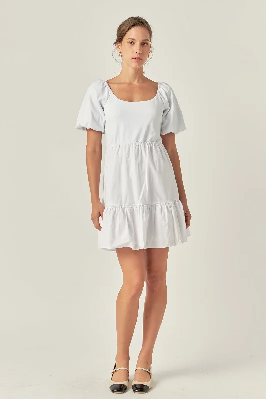 English Factory - Mixed Media Puff Sleeve Back Bow Dress