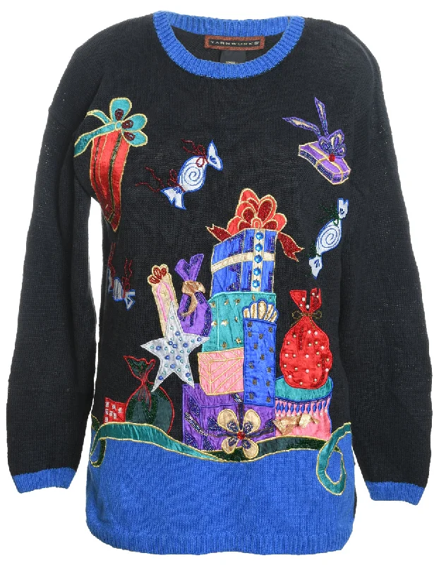 Multi-Colour Present Design Christmas Jumper - S Handmade Hand-knitted Hand-woven