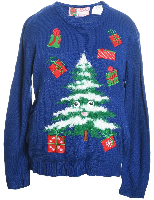 Navy Tree Design Christmas Jumper - L Elegant Classic Vintage