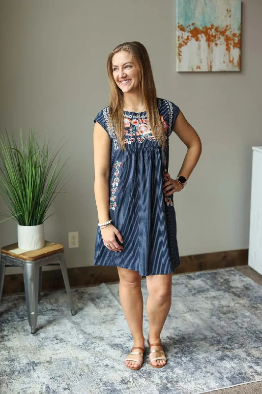 Navy White Stripe Embroidered Dress • S