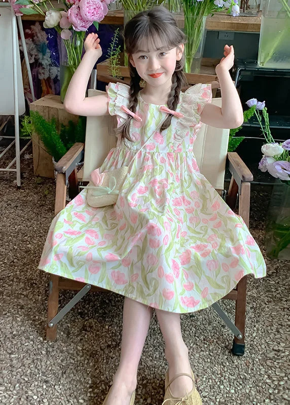 New Green Zippered Print Cotton Girls Long Dress Summer EW058