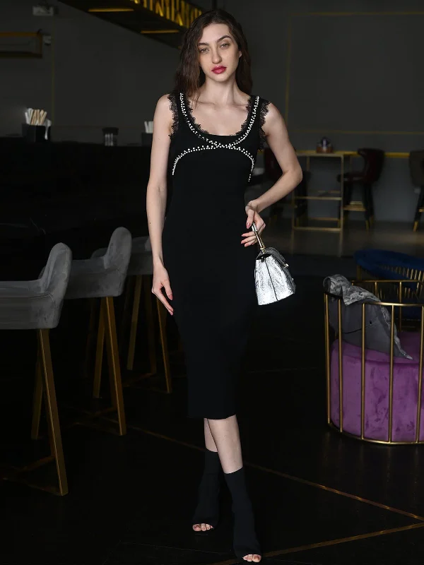 Odette Black Rib Lycra Embellished Western Dress for Women