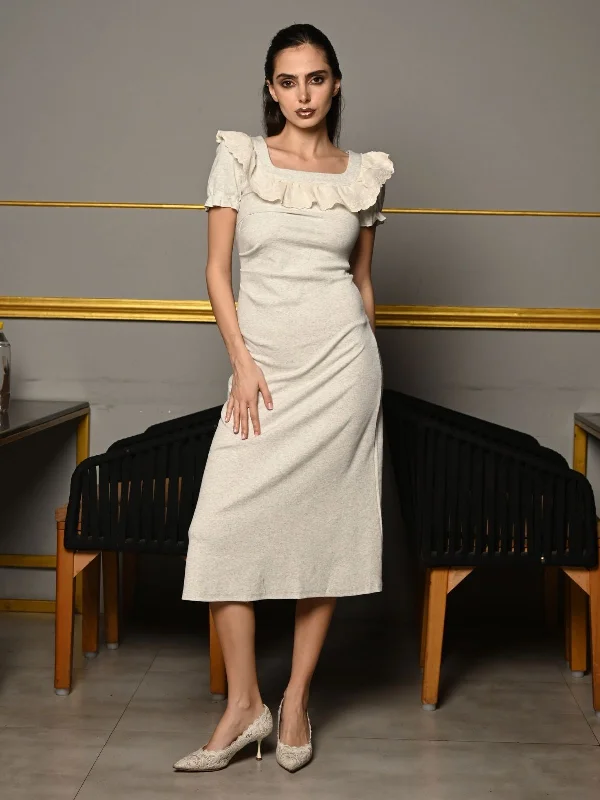 Odette Grey Melange Jersey With Hakoba Embroidered Western Dress for Women