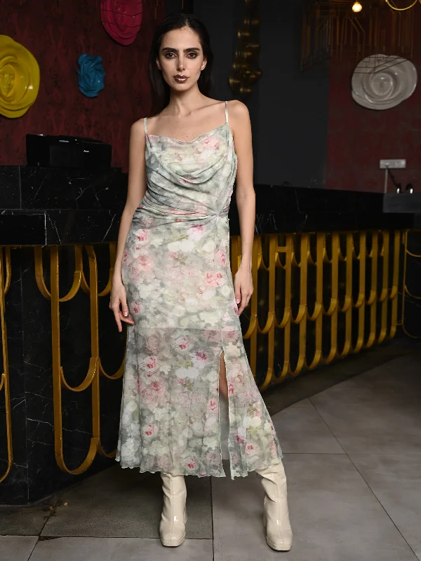 Odette Light Green Net Lycra Printed Slit Dress for Women
