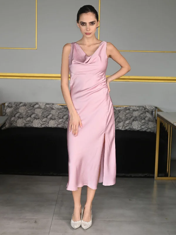 Odette Pink Solid Polyester Satin Western Dress for Women