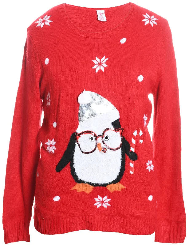 Penquin Christmas Jumper - L Real Fur Shearling Chenille
