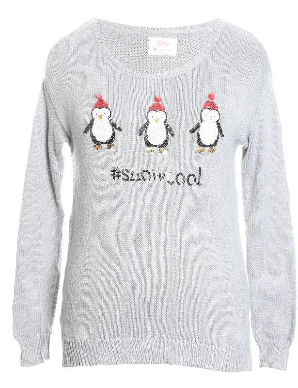 Penquin Christmas Jumper - M Ribbed Striped Patterned