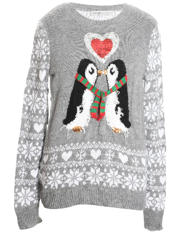 Penquin Design Grey & White Knit Christmas Jumper - M Terry Terry Cloth Terry Knit