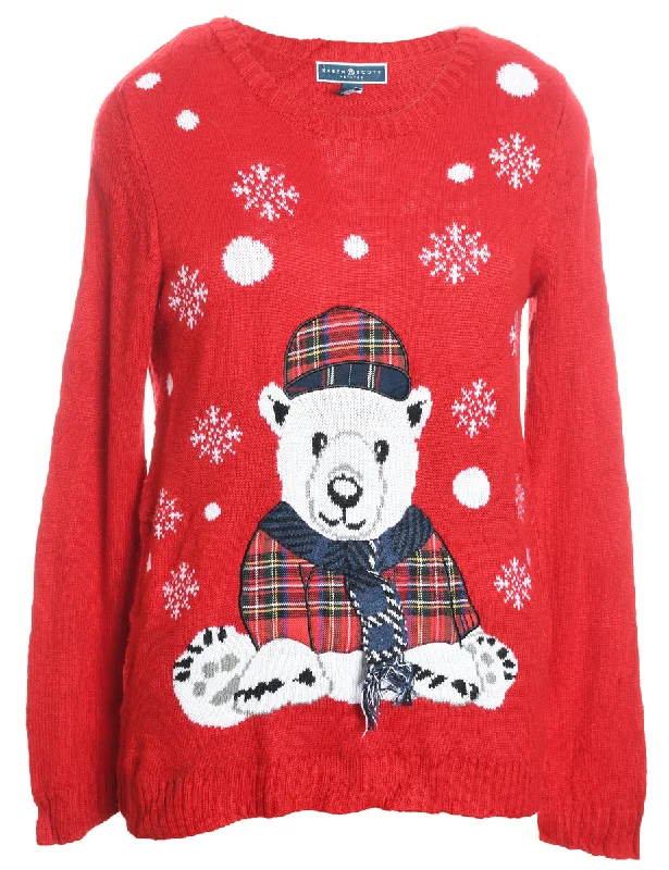 Polar Bear Design Red Appliqued Christmas Jumper - M Striped Floral Plaid